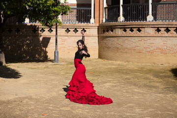 Beautiful woman dancing flamenco in Seville, Spain. She is wearing a red and black gypsy dress and...