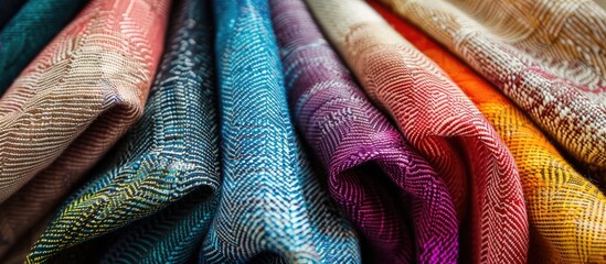 Bright collection of textile samples. Multicolor fabric texture background