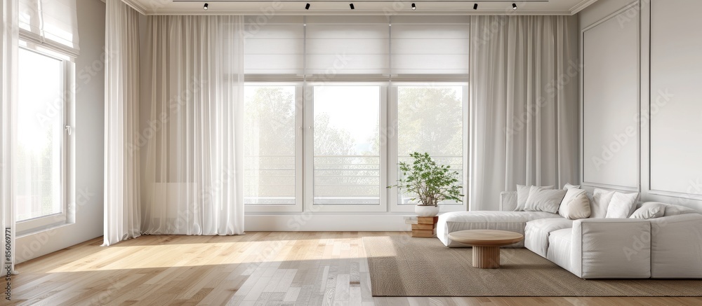 Aufkleber cozy light home interior with large windows, blinds and courtains . copy space image. place for addi