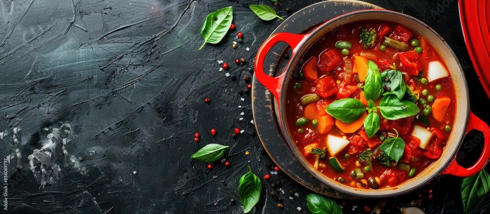 Aufkleber Big red pot for soup with vegetables. Copy space image. Place for adding text or design