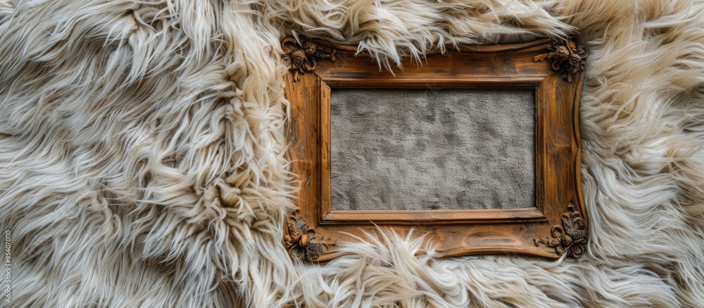 Poster Empty wooden photo frame over cozy and warm fur carpet. For photography montage. Top view. with copy space image. Place for adding text or design