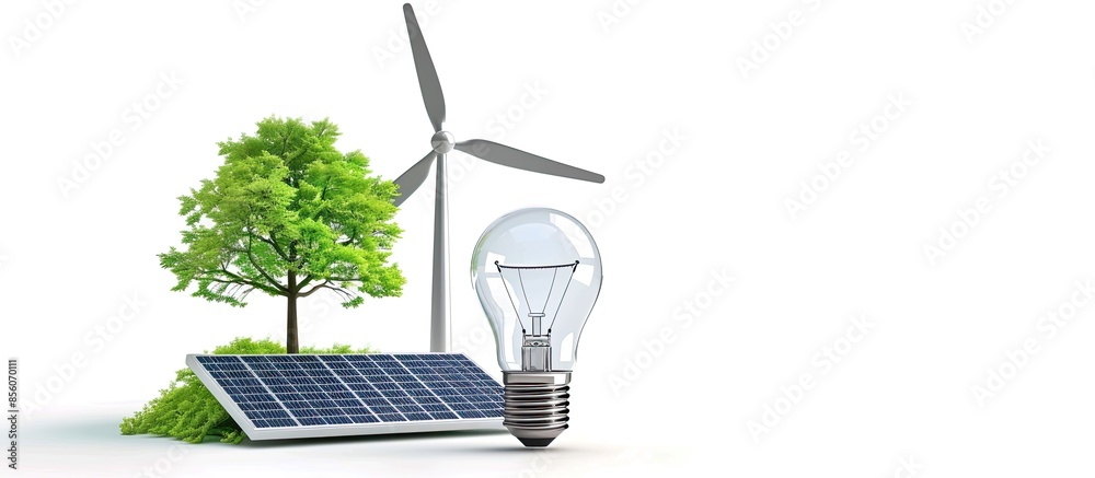 Poster Eco LED bulb with solar panel and wind turbine isolated on white background. Copy space image. Place for adding text or design