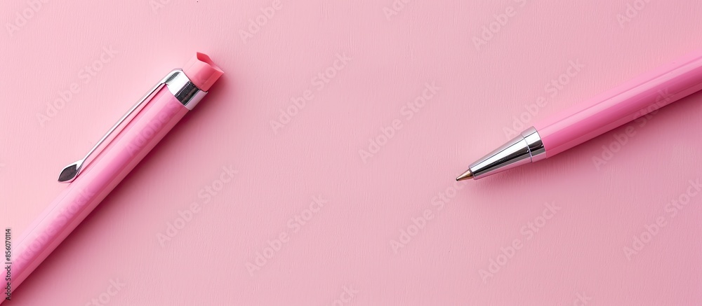 Poster pink girls pen on pastel background isolation business. with copy space image. place for adding text