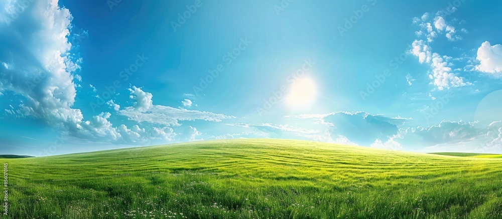 Fototapete Panoramic natural landscape with green grass field and blue sky with clouds with curved horizon line. Panorama summer spring meadow. Copy space image. Place for adding text or design