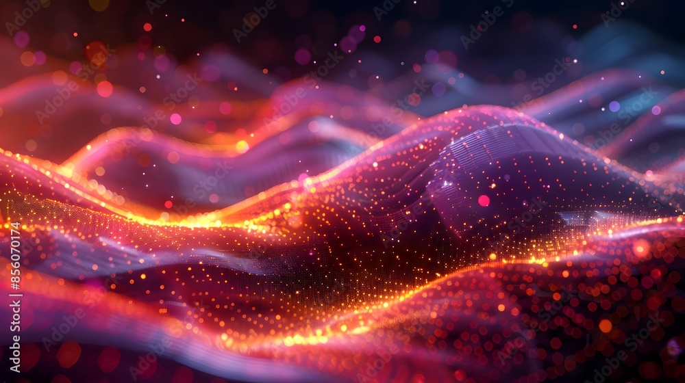 Poster abstract futuristic illustration of data technology, showcasing a wave composed of connecting dots a