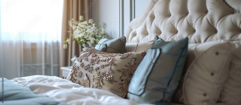 Poster detail of classic furniture bed with pillows in bedroom. with copy space image. place for adding tex
