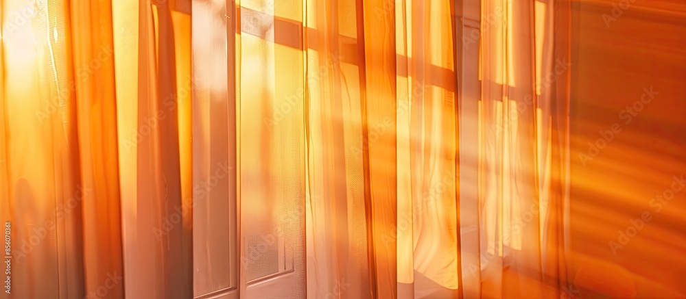 Aufkleber beige roll curtain in the room illuminated by orange rays of the morning sun close up. with copy spa
