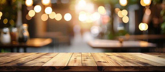 Selected focus empty brown wooden table and Coffee shop or restaurent blur background with bokeh image. for your photomontage or product display. with copy space image