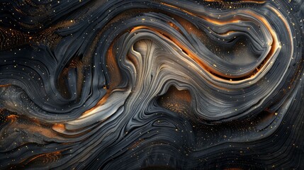 Abstract black and gold swirling pattern resembling fluid art with mesmerizing, wavy, and intricate designs, suitable for backgrounds or art projects.