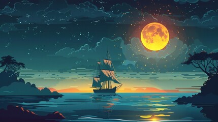 Vector illustration of sailing boat and beautiful scenic landscape of tropical sea.