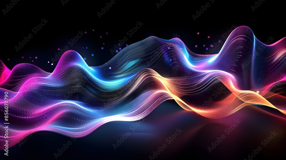 Poster abstract futuristic illustration of data technology, showcasing a wave composed of connecting dots a