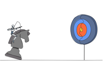 Single continuous line drawing smart robot future tech holding archery aiming target while riding chess horse piece, strategic concept. Success business manager. One line design vector illustration