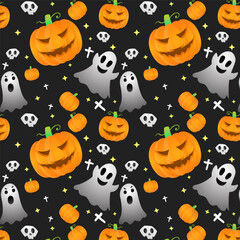 Halloween Pattern with Pumpkins, Skull Spooky Cartoon Style Premium Vector