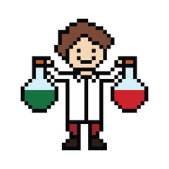 Cute pixel cartoon 8bit character doctor or scientist game health care for decoration pharmacist doctor in hospital 8 bit male pixel art vector.
