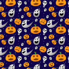 Halloween Pattern with Pumpkins, Skull Spooky Cartoon Style Premium Vector