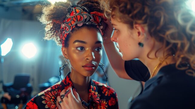 A model being fitted for an outfit backstage, with a designer and stylist making final adjustments. The collaborative effort and attention to detail are key elements in ensuring that each look is