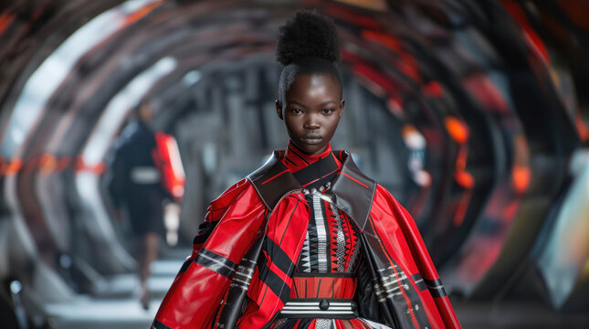 A runway model in a dramatic and avant-garde outfit, making a bold statement with the unique design and striking silhouette. The model's powerful walk and the high-energy runway environment create a