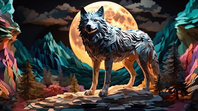 満月に向かうオオカミの切り絵で表現された幻想的な夜