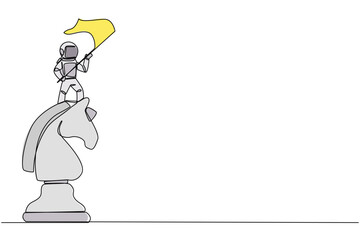 Continuous one line drawing young energetic astronaut standing on top of big horse chess and waving a flag. Business achievement goal, metaphor concept. Single line draw design vector illustration