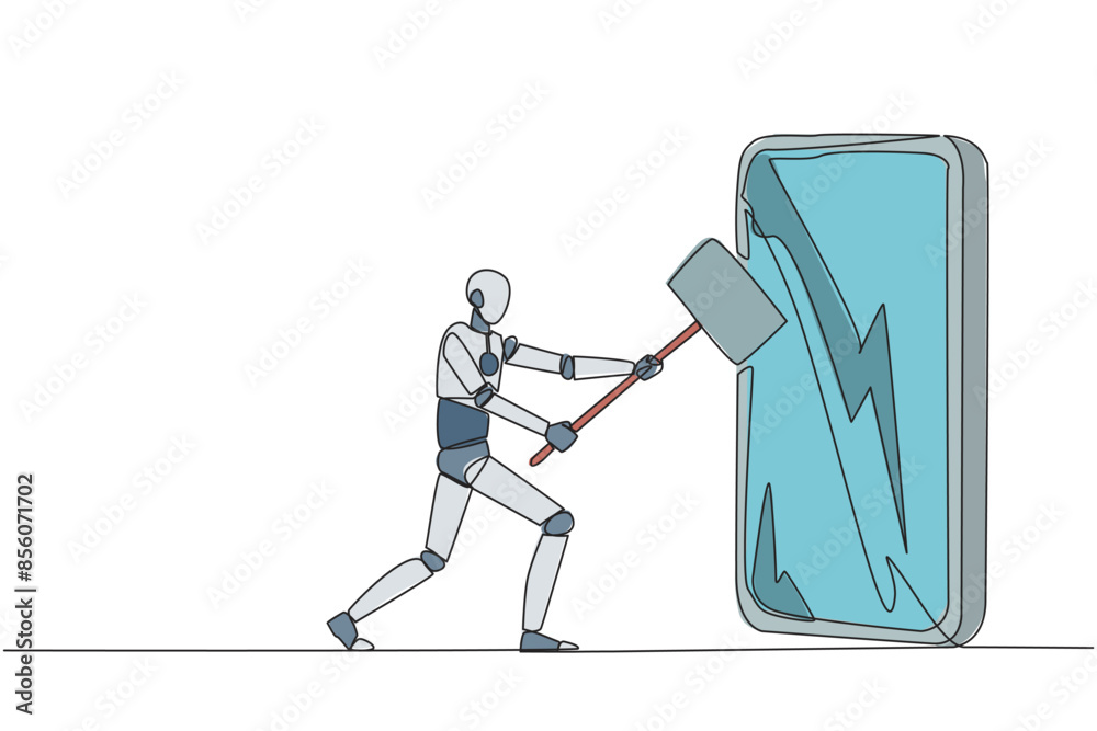 Poster single continuous line drawing smart robotic preparing to hit big smartphone with hammer. technology