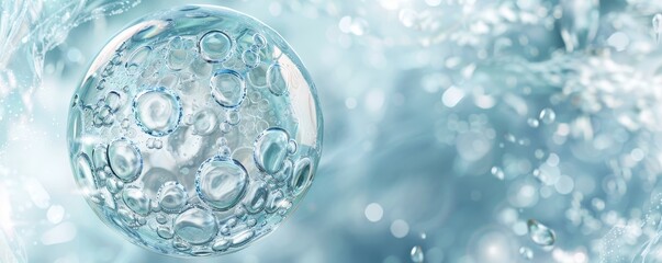 Encapsulated water molecule in liquid bubble, water background, skincare, science, hydration, beauty, essence, product, tech
