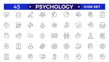 Psychology and mental line icons collection. Big UI icon set in a flat design.Set of positive thinking icon. It contains self-care, optimism, love, a healthy lifestyle, and happiness Outline icon set.