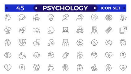 Psychology and mental line icons collection. Big UI icon set in a flat design.Set of positive thinking icon. It contains self-care, optimism, love, healthy lifestyle, and happines Outline icon set.