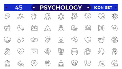 Psychology and mental line icons collection. Big UI icon set in a flat design.Set of positive thinking icons. It contains self-care, optimism, love, ahealthy lifestyle, and happiness Outline icon set.