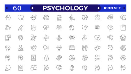 Psychology and mental line icons collection. Big UI icon set in a flat design.Set of positive thinking icon. It contains self-care, optimism, love, healthy lifestyle, and happines Outline icon set.
