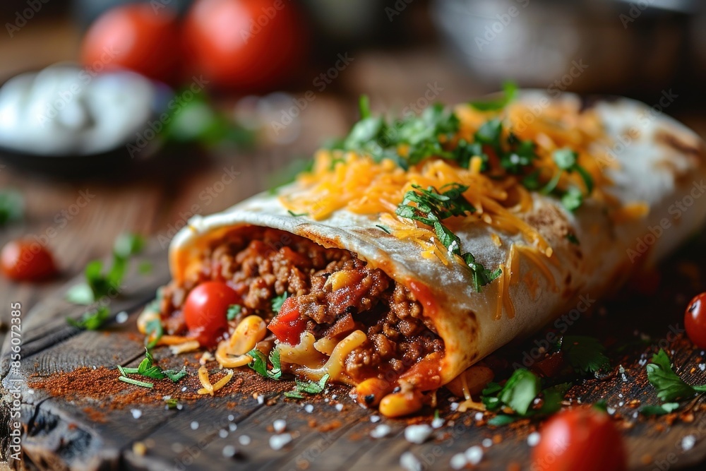 Wall mural Burrito. Mexican Burrito. Mexican burrito with beef, beans and sour cream. Mexican cuisine popular dish. Burritos wraps with beef and vegetables on a background with copy space. - Wall murals