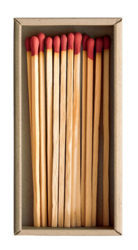 Box of wooden matches with red tips, neatly arranged, against a transparent background.