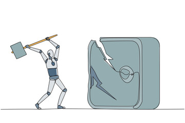 Single continuous line drawing smart robotic preparing to hit the big safe deposit box. Boss is furious want to destroy with hammer. The angry robot. AI tech. One line design vector illustration