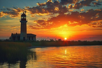 Lighthouse at Sunset by the Water