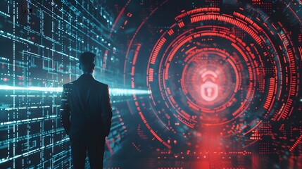 Cybersecurity focus: A businessman uses a virtual screen to verify identity credentials on a network, ensuring business data privacy and protection from cyber attacks.