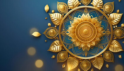Golden Ornamental Leaves and Mandala Designs on a Blue Background. Festival Greeting card and banner