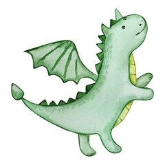 Obraz premium Watercolor cute green dragon, fairy tale illustration
