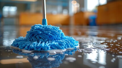 Cleaning floor with mop in office, closeup.
