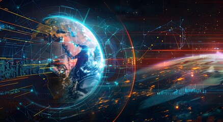 Fototapeta premium Abstract Digital Earth with Glowing Lines and Dots, The concept of Mobile global internet communications, World wide web on phone via wireless satellite network technology, Holographic Data Display