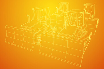 Big front-end loader bulldozer. Heavy equipment machine and manufacturing equipment for mining. Wireframe low poly mesh vector illustration.