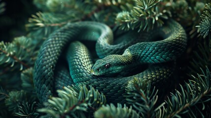 Fototapeta premium Emerald Green Snake Coiled on Pine Branch, Generative AI