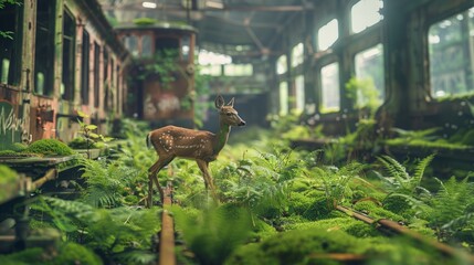 Obraz premium Deer with abandoned railway station debris with green plants growing. Post apocalypse scene.