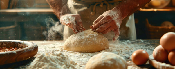 Baker Shaping Dough with Floury Hands on table
