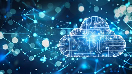 Obraz premium Futuristic Cloud Network With Glowing Blue And Pink Cloud Icons On Digital Grid 