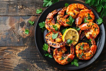 Grilled Shrimp with Lemon on Rustic Wooden Table