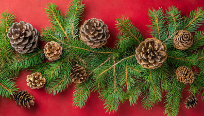 composition of fir branches and cones on a red background top view, New Year Christmas winter holiday background