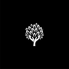 Obraz premium Human hands and tree with leaves icon isolated on dark background