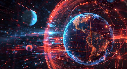 Fototapeta premium Abstract Digital Earth with Glowing Lines and Dots, The concept of Mobile global internet communications, World wide web on phone via wireless satellite network technology, Holographic Data Display