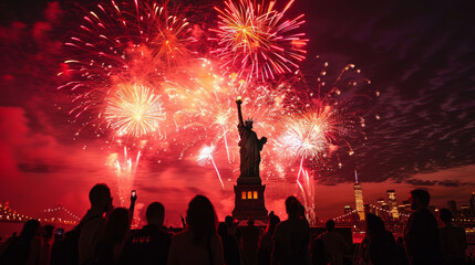 Celebration fireworks exploding behind the statue of Liberty. New year and 4th July celebrations
