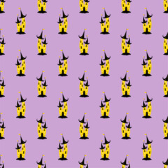 Halloween cute ghost castle seamless pattern. Vector cartoon black and yellow dark castle on purple background. Cute Halloween print for wrapping, fabric, decor, textile.