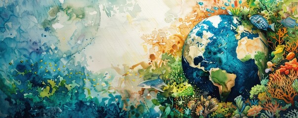 Naklejka premium A painting of a blue and green Earth with a blue ocean and green plants. The painting is titled 
